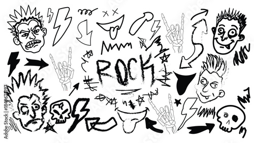 Rock music illustrations with cartoon faces and symbols