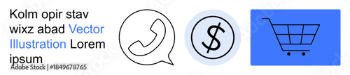 Online retail, customer service, digital communication, financial transactions, business solutions, e-commerce management. Shopping cart, currency symbol phone icon. E-commerce and customer service