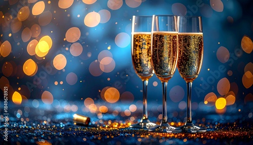 three glasses of champagne. Happy New Year. Toast With Flutes Celebration