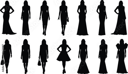 Elegant female fashion silhouettes collection, stylish women poses in dresses and gowns, modern fashion illustration set for design and creativity
