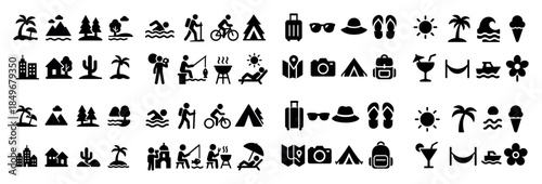 Vacation icons set including travel elements