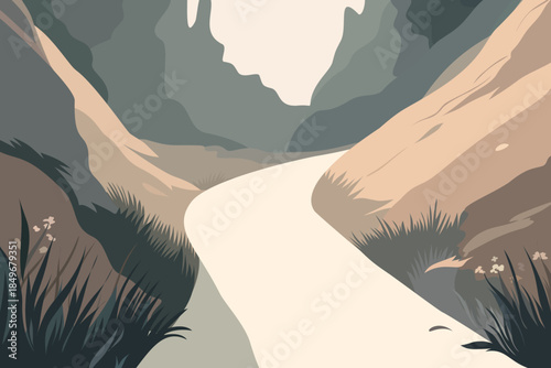 Country road leading through rolling hills to small house at sunrise, modern flat vector landscape illustration of peaceful countryside, travel escape and slow rural life