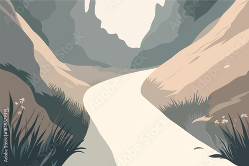 Country road leading through rolling hills to small house at sunrise, modern flat vector landscape illustration of peaceful countryside, travel escape and slow rural life