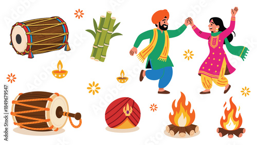 Lohri festival elements set: dancing couple, dhol, bonfire, sugarcane.