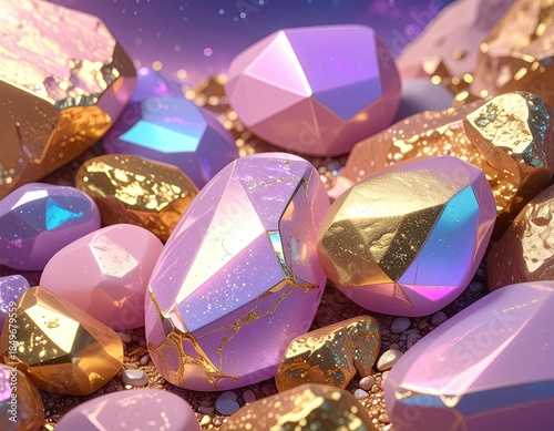 Iridescent gems and golden rocks sparkle against a starlit background