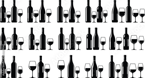 Elegant wine bottle and wine glass silhouette collection featuring alcohol drink icons, modern bar elements, black minimalist beverage design on white background