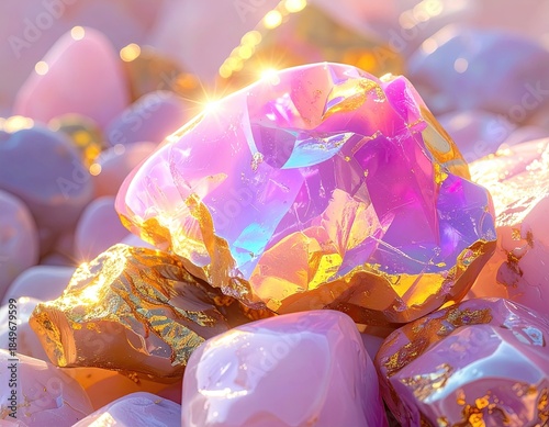 Sparkling gems, soft pinks, and gold gleam in a dreamy, sunlit scene