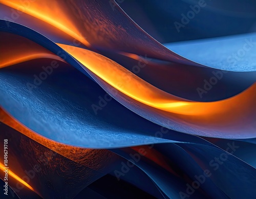 Abstract image of layered, undulating blue and orange glowing forms