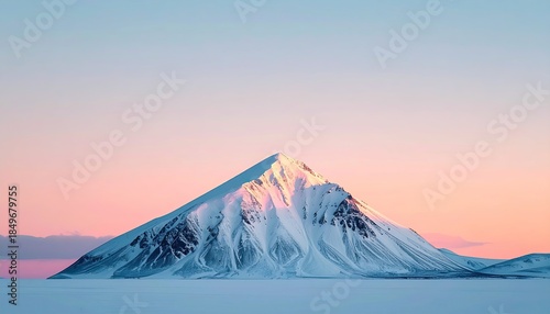 Majestic snow-covered mountain at sunrise with pink and blue hues