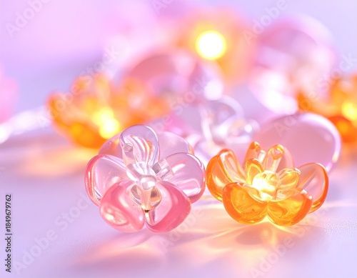 Close-up of glowing, translucent floral decorations