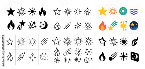 Variety of stylized star and flame icons