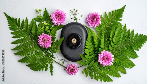 Spa-like arrangement of flowers, ferns, and dark stones on white