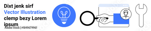 Technology, innovation, research, user identification, technical tools, conceptual design. Lightbulb, magnifier browser window and wrench icons. Innovation and research concepts visually