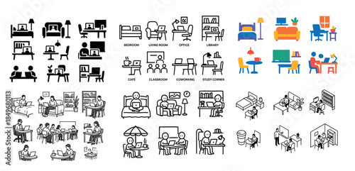 Office and home workspaces icons set