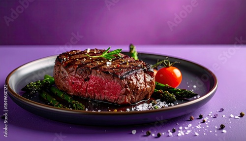 A cooked steak with sides of vegetables is on a dark plate, purple bg