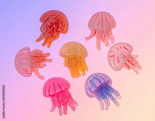 Colorful toy jellyfish arranged against a gradient background