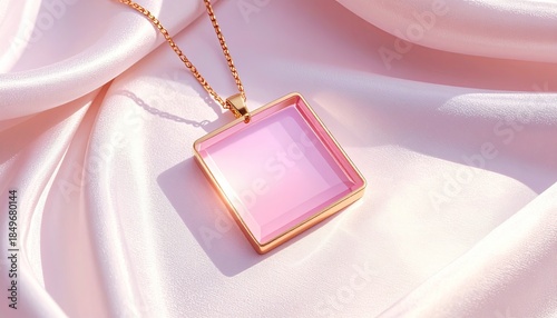 Gold necklace with a pink square pendant on lustrous pink fabric