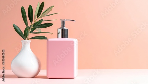 Pink bottle with pump, vase of leaves on coral backdrop