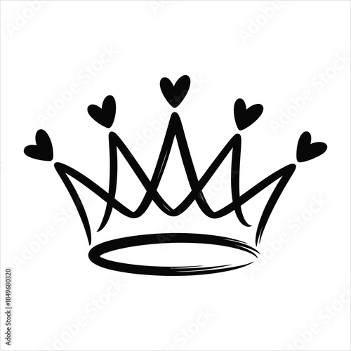 A stylish royal crown adorned with heart shapes is depicted in black outline