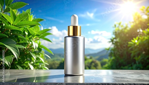 Serum bottle stands on stone, amidst lush foliage, sunlit mountain view