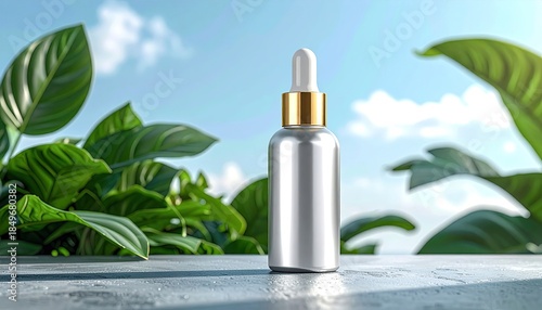 Metallic dropper bottle on stone, greenery backdrop, bright sky