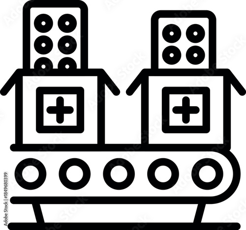 Conveyor belt carrying medical supplies, symbolizing pharmaceutical manufacturing and distribution