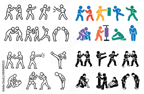 Martial arts moves icon set