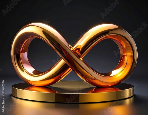 Gleaming golden infinity symbol sits on a circular gold platform, black backdrop