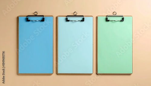 Three identical clipboards, each with a different pastel-colored board