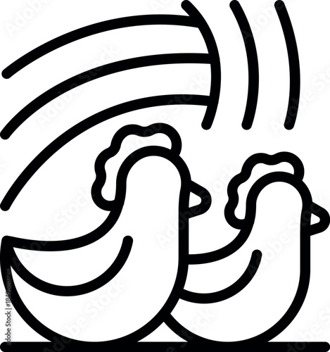 Two hens are crowing under a chicken coop roof, creating a rural farm scene