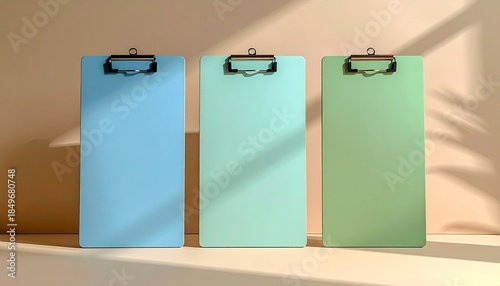 Three colorful clipboards, standing upright, with soft shadows
