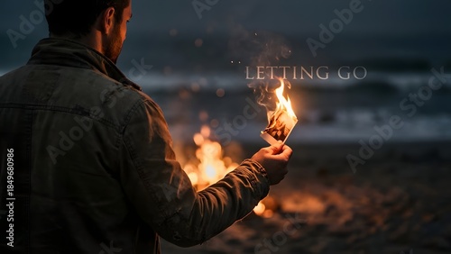 Fototapeta Naklejka Na Ścianę i Meble -  Man Holding Lighter Near Beach Fire.