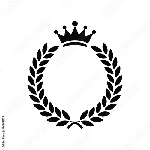 Crown sitting atop circular laurel wreath signifies victory, achievement, and royalty, on a transparent background