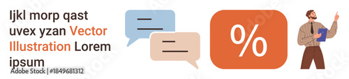 Business communication, marketing analysis, team discussions, financial strategy, sales presentation, planning concepts. Speech bubbles, percent symbol man presenting. Business communication