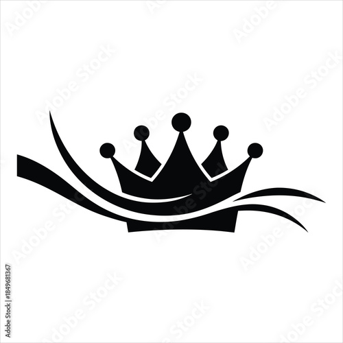 Isolated black crown icon with fluid curves creates a regal emblem, transparent background