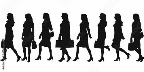 Silhouette of women walking in various poses carrying handbags and briefcases