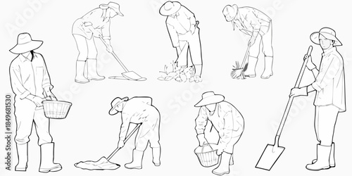 Line art illustration depicting farmers working in the field with tools