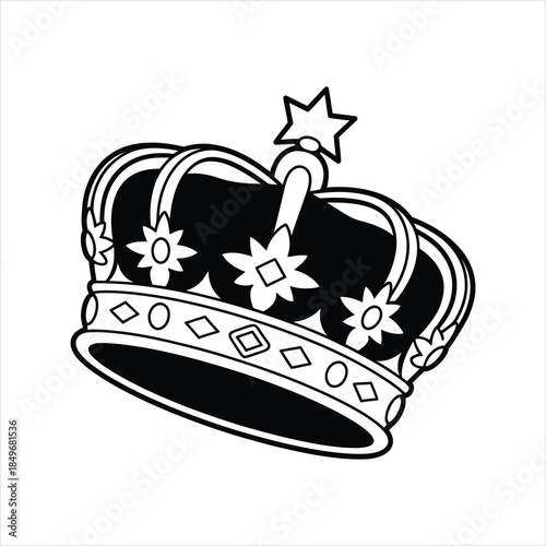 Ornate royal crown adorned with star and floral motifs displays a black outline