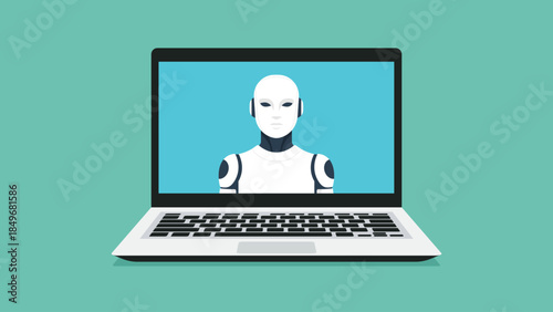Laptop screen with humanoid robot, concept of artificial intelligence, digital technology, online automation, future computing, virtual interaction, modern innovation concept, flat vector illustration