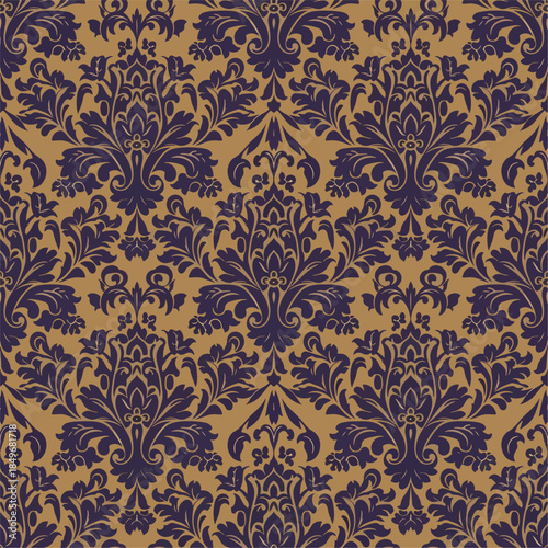 Seamless vintage damask wallpaper pattern featuring a gold floral ornament design with antique brown textures for a retro style textile backdrop