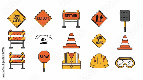 construction safety signs and equipment set.