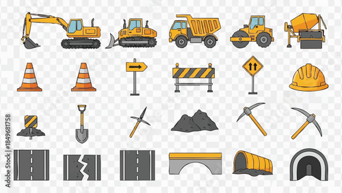 construction machinery and equipment icons set.