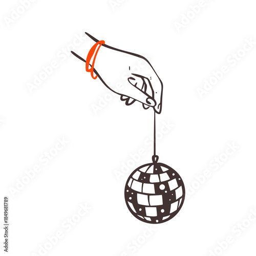 Happy New Year disco party hand drawn doodle crayon design element. Hand with mirrorball bauble hanging like Christmas tree decoration. Dance nightclub charcoal sketch outline vintage icon