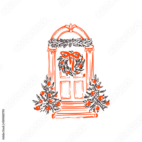 Hand drawn whimsical crayon doodle decorated front door entrance of the house. Cozy sketch Happy New year and Merry Christmas illustration. Christmas botany wreath on the window. France Parisian style