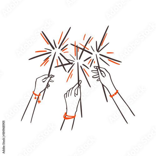 Hand drawn doodle crayon people hands with sparkles celebrating New Year night. Friends raising bengal fire. Burning bengal fires, silvesters, firecrackers outline sketch vector illustration