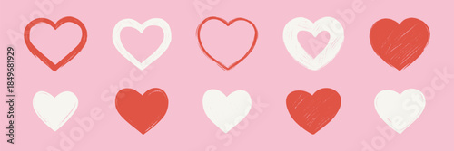 Whimsical heart collection in soft pink tones with textured brush strokes, perfect for Valentine's Day cards, romantic designs, and girly coquette style projects with love themes. Bachelorette party