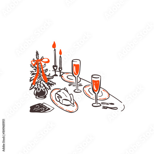 Hand drawn doodle crayon festive vintage Christmas dinner table with celebration chicken, turkey, Christmas tree, candles, bottle of wine and wineglasses. French, Italian, Parisian kitchen, food