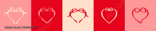 Set of hand drawn romantic red and pin bow ribbon heart frames for Valentines Day designs, posters, cards, invitations, restaurant menu. Aesthetic Valentines doodle coquette girly whimsical border