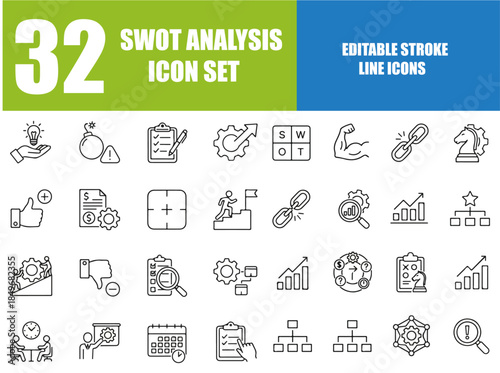 SWOT Analysis Icon Set – Editable Line Icons Collection Featuring Strengths, Weaknesses, Opportunities, Threats, Business Strategy, Planning, Market Analysis and Decision-Making Concepts, Modern Outli