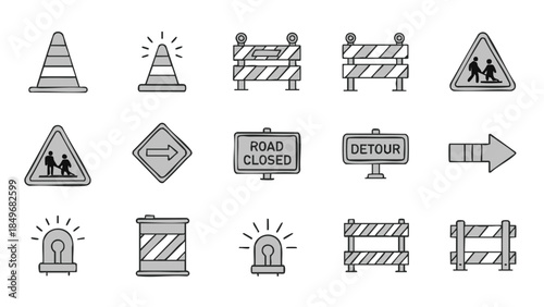 roadwork signs construction barriers detour icons set.